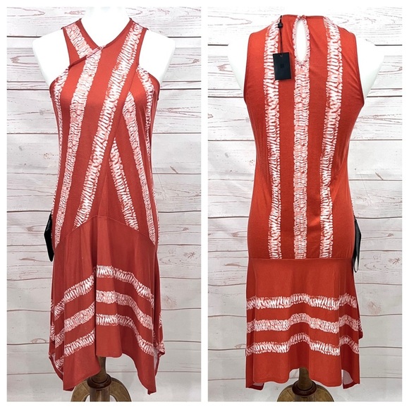 NWT Bcbg Maxazria Coral Tie Dye Striped Cross Neck Halter Asymmetrical Hem Dress - Picture 2 of 13